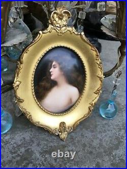 Antique Kpm Hand Painted Porcelain Plaque Partially Nude Lady Erbluht Gilt Frame