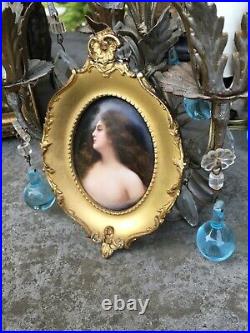 Antique Kpm Hand Painted Porcelain Plaque Partially Nude Lady Erbluht Gilt Frame