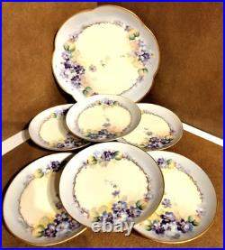 Antique Kpm Krister Porzellan (7) Pc. Hand Painted Violets Dessert Plate Set