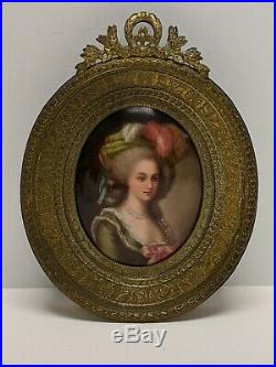 Antique Kpm Style Porcelain Portrait Lady Plaque Brass Framed Handpainted