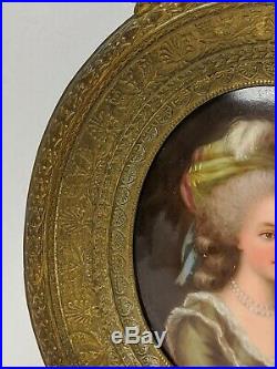 Antique Kpm Style Porcelain Portrait Lady Plaque Brass Framed Handpainted