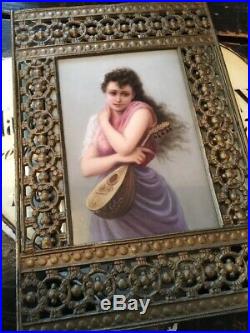 Antique Kpm Style Porcelain Portrait Lady Plaque Framed Marked 107 Handpainted