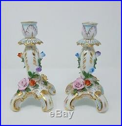 Antique Pair of KPM Porcelain Candlesticks Beautifully Detailed & Colored Roses