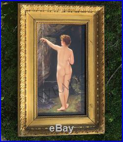 Antique Porcelain KPM Berlin plaque Nouveau Nude bather girl waterfall gilt fram