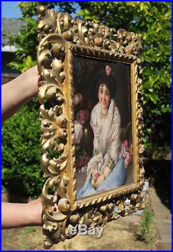 Antique Porcelain KPM Berlin plaque giltwood carved frame Portrait Flower Girl