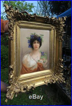 Antique Porcelain KPM Berlin plaque giltwood frame Portrait Clematis Signed