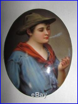 Antique Porcelain Portrait Plaque Poss. KPM Young Man Smoking Tobacco