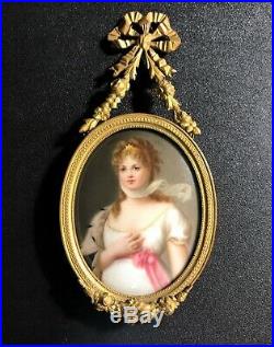 Antique Queen Louise Prussia Porcelain Plaque Under Glass Gilt MetalKPM Style