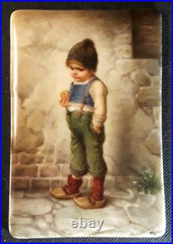 Antique Signed Wagner KPM Germany Hand-Painted Plaque of Standing Boy