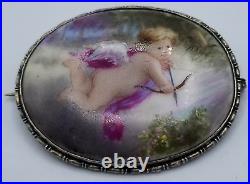 Antique Sterling Silver Hand Painted Cherub Porcelain Brooch KPM Style 2