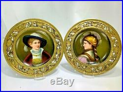 Antique Two KPM Hand Painted Porcelain Plates Brother & Sister Brass Frames