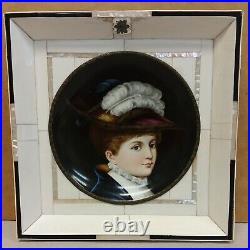 Antique VICTORIAN LADY hand painted porcelain Mother of Pearl frame plate KPM