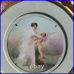 Antique Victorian Hand Painted 9 Porcelain Plaque ANGEL CHERUB Framed Cupid