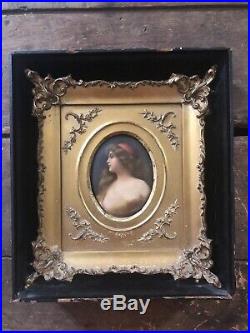 Antique WAGNER KPM Porcelain Plaque Painting Beautiful Girl & Gold Gilt Frame