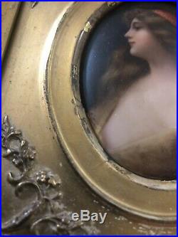 Antique WAGNER KPM Porcelain Plaque Painting Beautiful Girl & Gold Gilt Frame