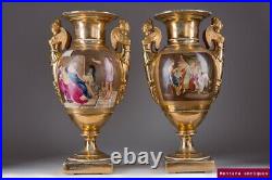 Antique original Porcelain 19th century rare French Gilded twin vases, KPM style