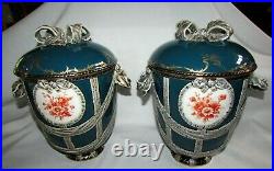 Beautiful Pair of Antique KPM German Porcelain Lidded Urns Cherubs & Flowers