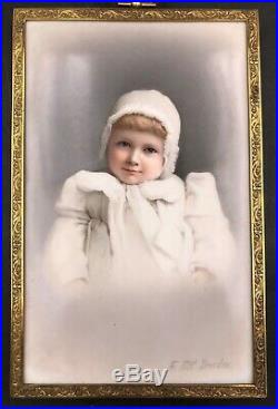 Elegant 1800s Franz Till Hand Painted Porcelain Child Plaque WithFrame & Felt Case