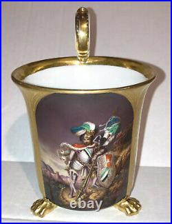 Exquisite Antique KPM hand painted Porcelain cup Medieval Knight 3 Lion Feet