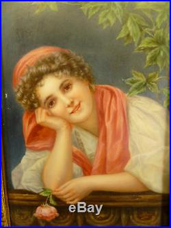 Exquisite Kpm Style'woman & Her Rose' Portrait Painting On Porcelain Circa 1885