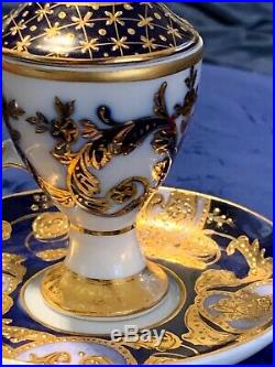 Fine Rare 19th c. Antique KPM German Porcelain Gilt Cobalt Blue CUP, LID, SAUCER