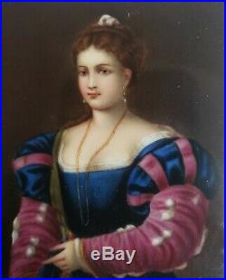 Germanic Porcelain Plaque of Renaissance Woman in Lavender and Royal Blue Dress