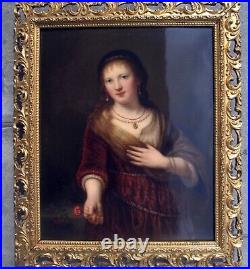 Huge KPM porcelain plaque 1850s Old Masters painting portrait Rembrandt's Wife
