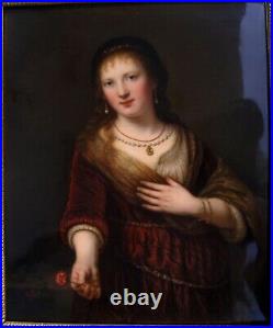 Huge KPM porcelain plaque 1850s Old Masters painting portrait Rembrandt's Wife