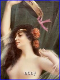 KPM Antique Hand Painted Porcelain Plaque Semi Nude Dancer Orig. Frame