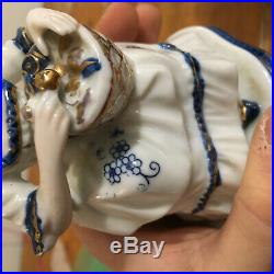 KPM Porcelain Figurine Woman with Flowers Basket Blue White CROWN MARK 4950