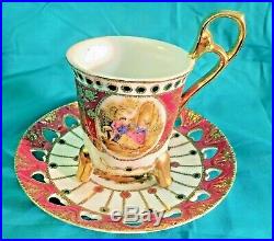 KPM Porcelain Teacup Cup & Saucer Red Footed Gold Gilt Reticulated Scene Germany