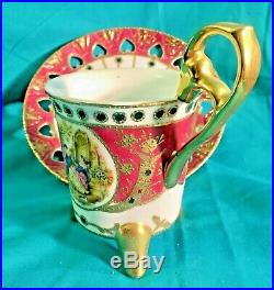 KPM Porcelain Teacup Cup & Saucer Red Footed Gold Gilt Reticulated Scene Germany