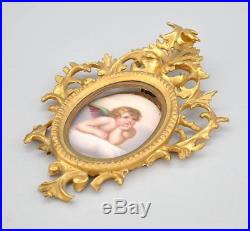 KPM Style Painted Porcelain Plaque Cherub Gold Giltwood Italy Tole Frame 19th C