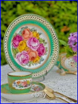 Kpm Splendid Antique Plate Roses And Openwork Decor Green