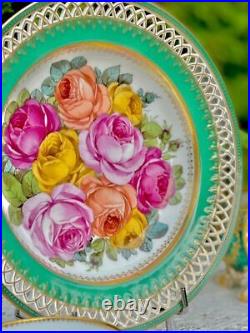 Kpm Splendid Antique Plate Roses And Openwork Decor Green