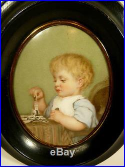 Kpm-style Hand Painted Portrait On Porcelain Boy Playing Dominoes Circa 1880