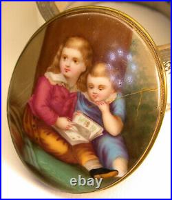 Large 19C KPM Hand Painting On Porcelain, Children Reading At Tree, Brooch X565