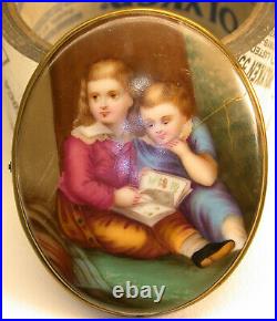 Large 19C KPM Hand Painting On Porcelain, Children Reading At Tree, Brooch X565