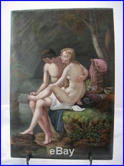 Large Antique Porcelain Plaque Hand Painted KPM Style Unsigned Young Lovers 9X13