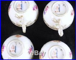 N752 Four Antique Vintage Kpm Berlin Porcelain Cups & Saucers Flowers Gilding