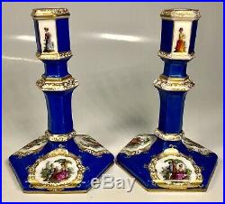 Pair of Antique 19th Century German KPM Hand-Painted Porcelain Candlesticks