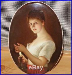 Rare Antique KPM Porcelain Finely Hand Painted Oval Plaque Lady Holding Candle