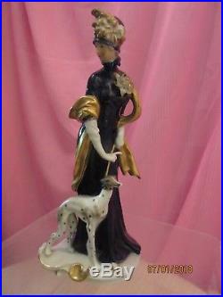 SALE-KPM Vtg porcelain continental lady figurine cobalt withgold & whippet dog
