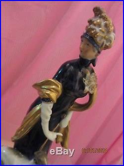 SALE-KPM Vtg porcelain continental lady figurine cobalt withgold & whippet dog