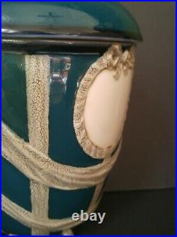 Signed Antique KPM Germany Lidded Porcelain Urn Green & White Jar with Bows