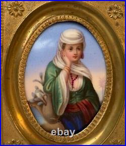 Small Antique Porcelain Oval Portrait Plaque of Young Woman in Gilded Frame