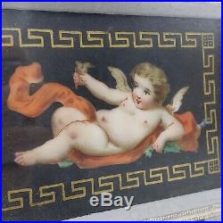 Vintage Pair of Hand Painted Framed Porcelain Plaques with Cherubs KPM Quality